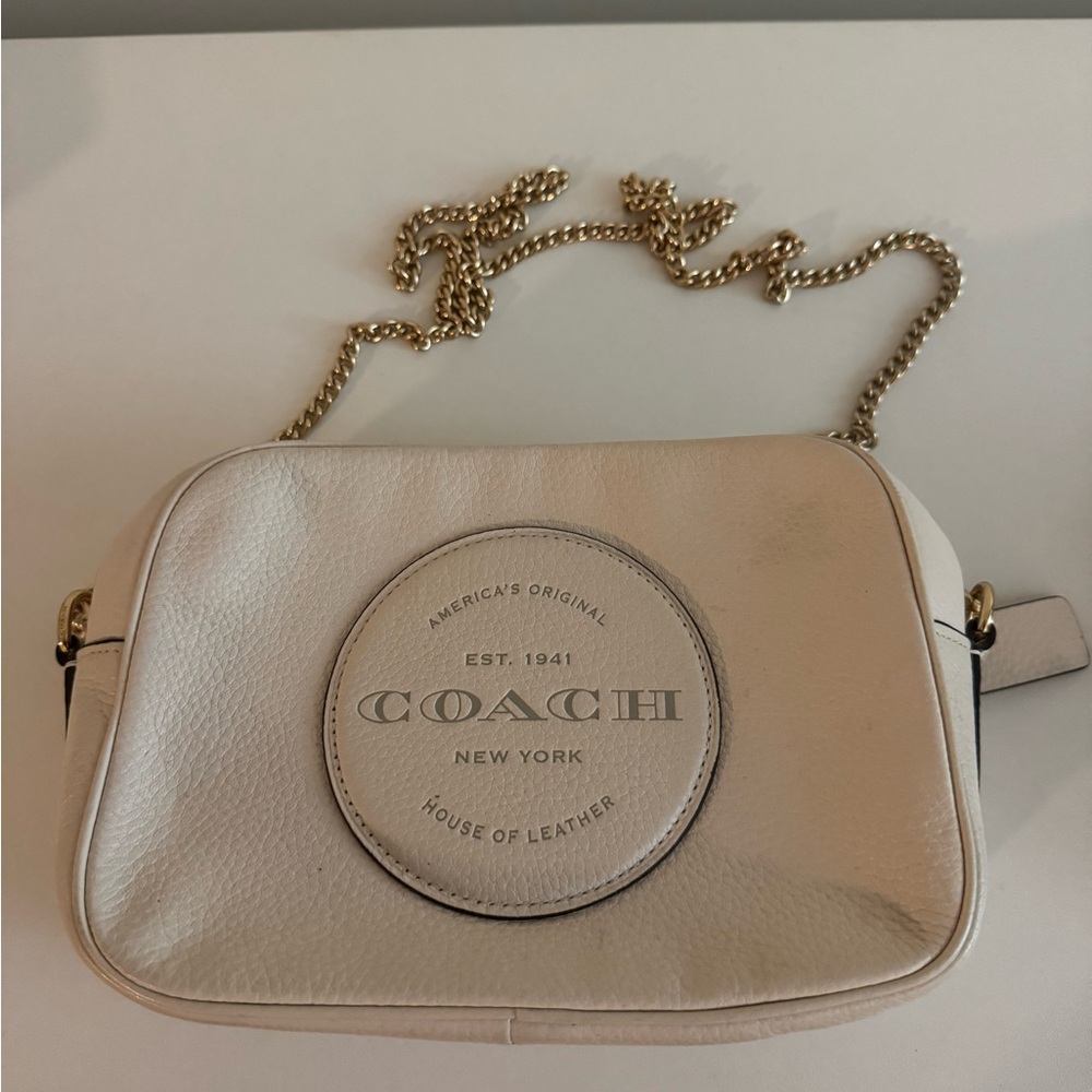 Coach Beige Leather Crossbody Bag with Gold Chain